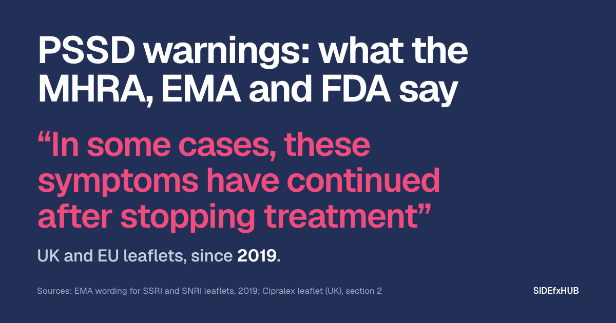 Headline: PSSD warnings: what the MHRA, EMA and FDA say. Below, in large pink type, the line from the leaflets, “In some cases, these symptoms have continued after stopping treatment”, and the line: UK and EU leaflets, since 2019.