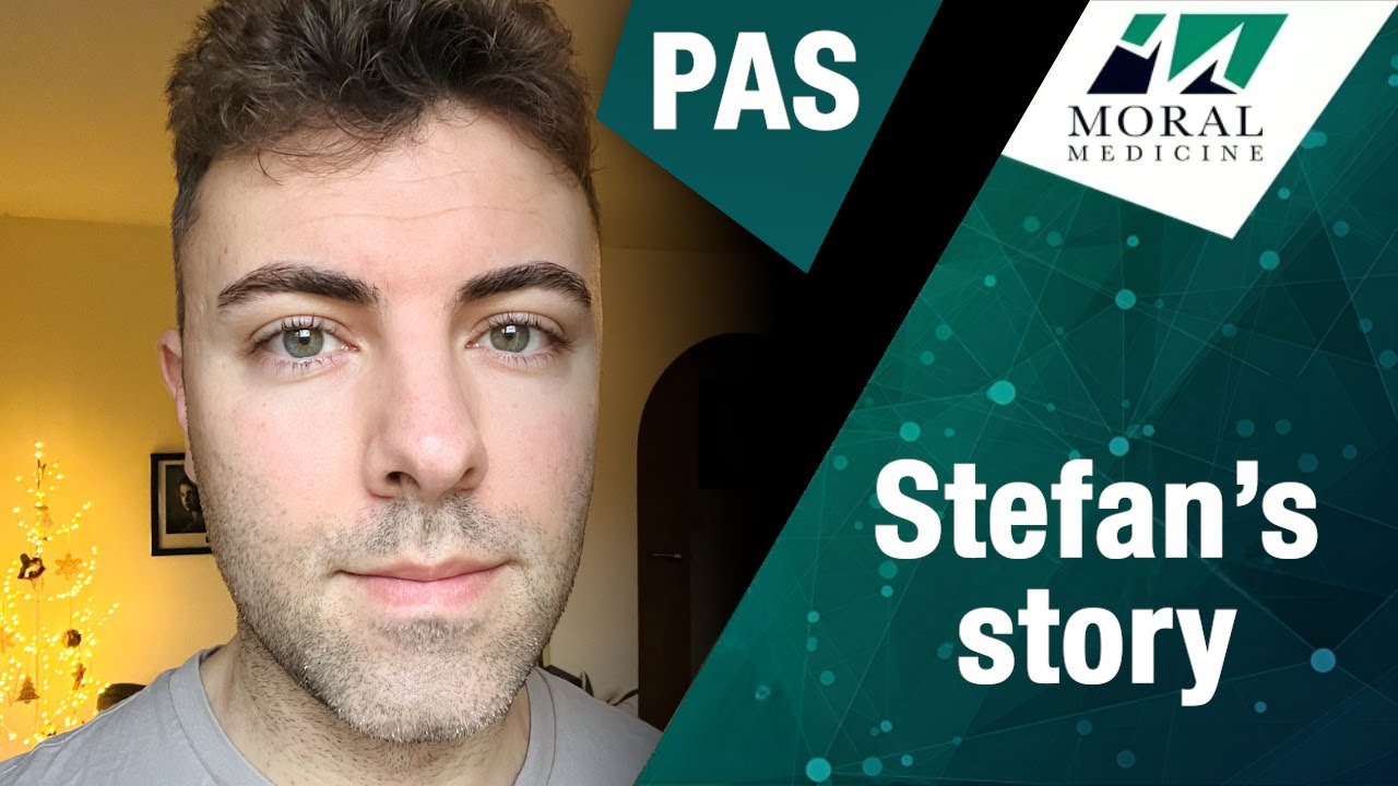 Stefan, a young man with short dark hair and stubble, looking into the camera, next to the words PAS and Stefan’s story and the Moral Medicine logo