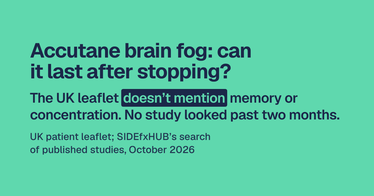 Headline: Accutane brain fog: can it last after stopping? Below, one line: the UK leaflet doesn’t mention memory or concentration, and no study we found looked past two months. Then the sources: the UK leaflet and SIDEfxHUB’s search, October 2026.