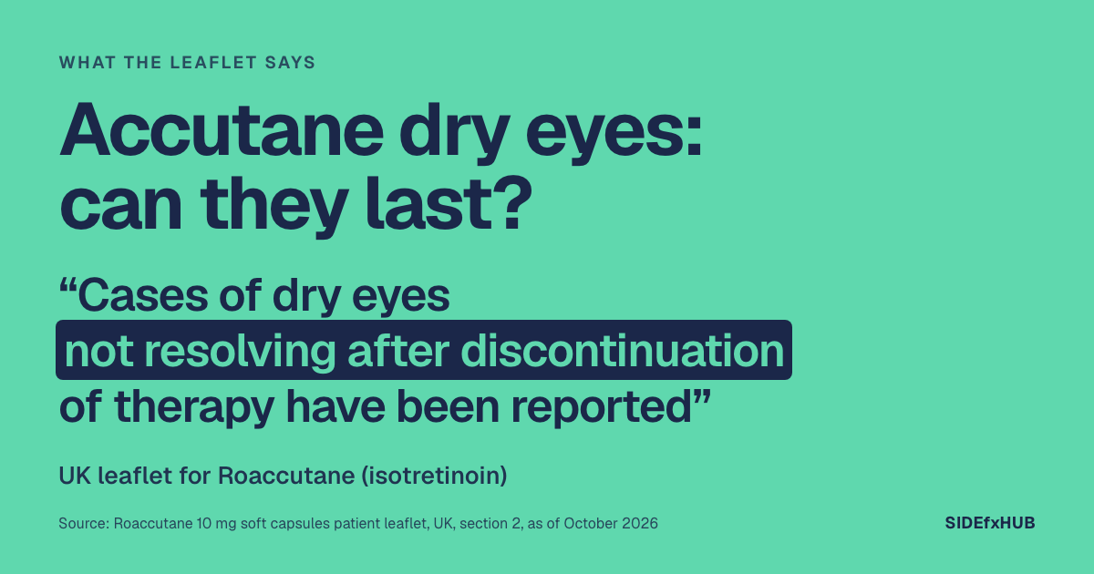 Headline: Accutane dry eyes: can they last? Below, in large type on mint green, the UK leaflet’s words, “Cases of dry eyes not resolving after discontinuation of therapy have been reported”, and the line: UK leaflet for Roaccutane (isotretinoin).