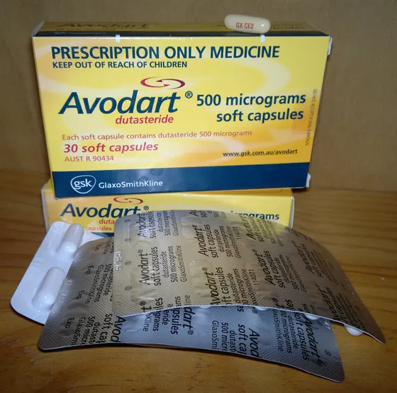 Two yellow Avodart cartons, marked prescription only medicine, dutasteride 500 micrograms soft capsules, with foil blister strips and one oblong capsule