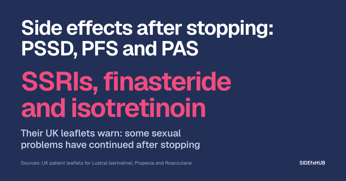 Headline: Side effects after stopping: PSSD, PFS and PAS. Below, in large pink type, SSRIs, finasteride and isotretinoin, and the line: Their UK leaflets warn: some sexual problems have continued after stopping.