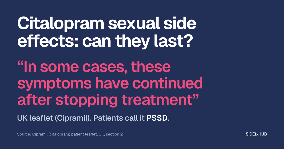 Headline: Citalopram sexual side effects: can they last? Below, the UK Cipramil leaflet’s answer in large pink type, “In some cases, these symptoms have continued after stopping treatment”, and the line: Patients call it PSSD.
