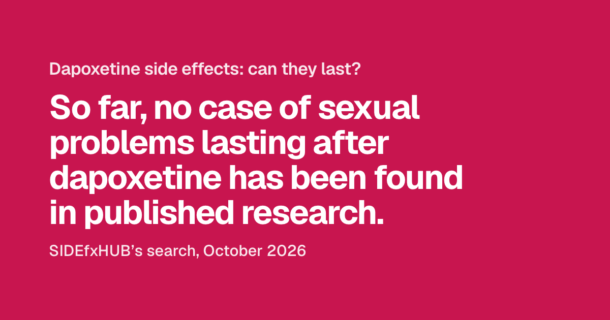 Headline: Dapoxetine side effects: can they last? Below, the answer: so far, no case of sexual problems lasting after dapoxetine has been found in published research. Then: SIDEfxHUB’s search, October 2026.