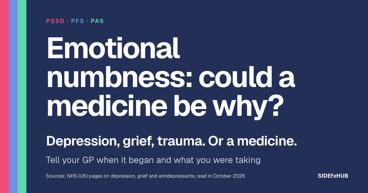 Poster: Emotional numbness: could a medicine be why? Depression, grief, trauma. Or a medicine. Tell your GP when it began and what you were taking.