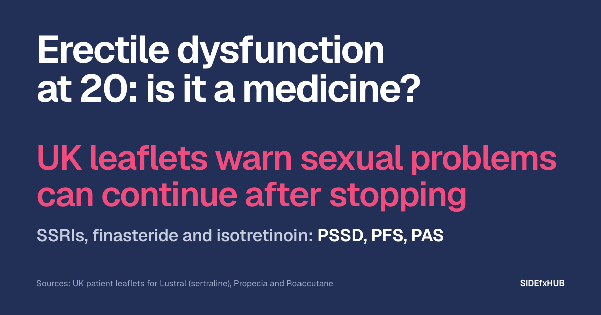 Headline: Erectile dysfunction at 20: is it a medicine? Below, in large pink type: UK leaflets warn sexual problems can continue after stopping. Then the line: SSRIs, finasteride and isotretinoin: PSSD, PFS, PAS.