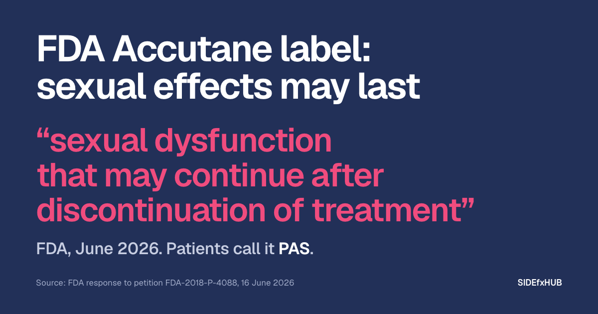Headline: FDA Accutane label: sexual effects may last. Below, the FDA’s required label wording in large pink type, “sexual dysfunction that may continue after discontinuation of treatment”, and the line: FDA, June 2026. Patients call it PAS.