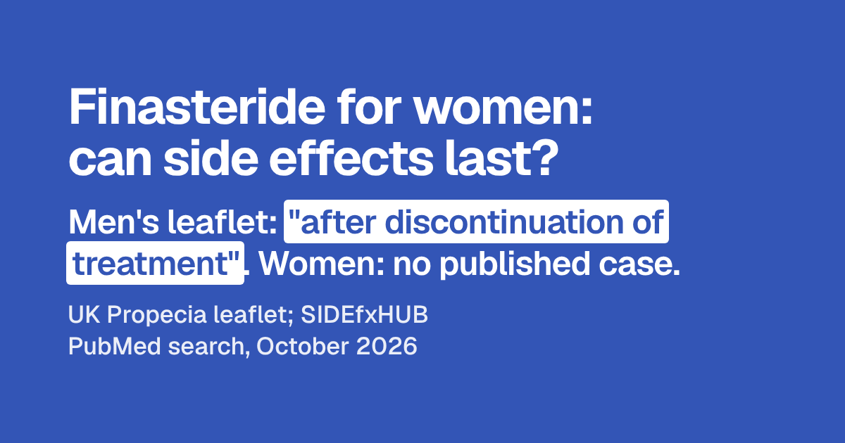 Headline: Finasteride for women: can side effects last? Below, the overview: the men's leaflet lists problems "after discontinuation of treatment", and in women we found no published case.