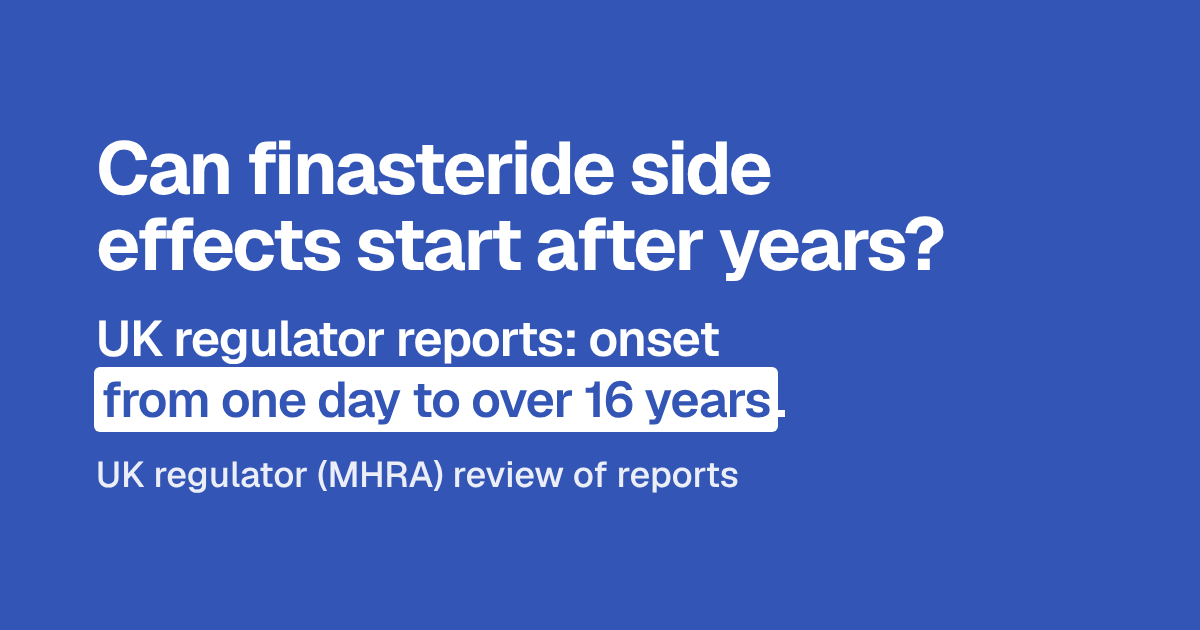 Headline: Can finasteride side effects start after years? Below: UK regulator reports show onset from one day to over 16 years. Source: the UK regulator’s (MHRA) review of reports.
