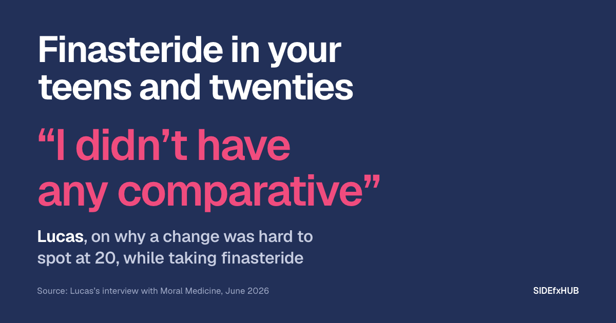 Headline: Finasteride in your teens and twenties. Below, in large pink type, Lucas’s words, “I didn’t have any comparative”, and the line: Lucas, on why a change was hard to spot at 20, while taking finasteride.