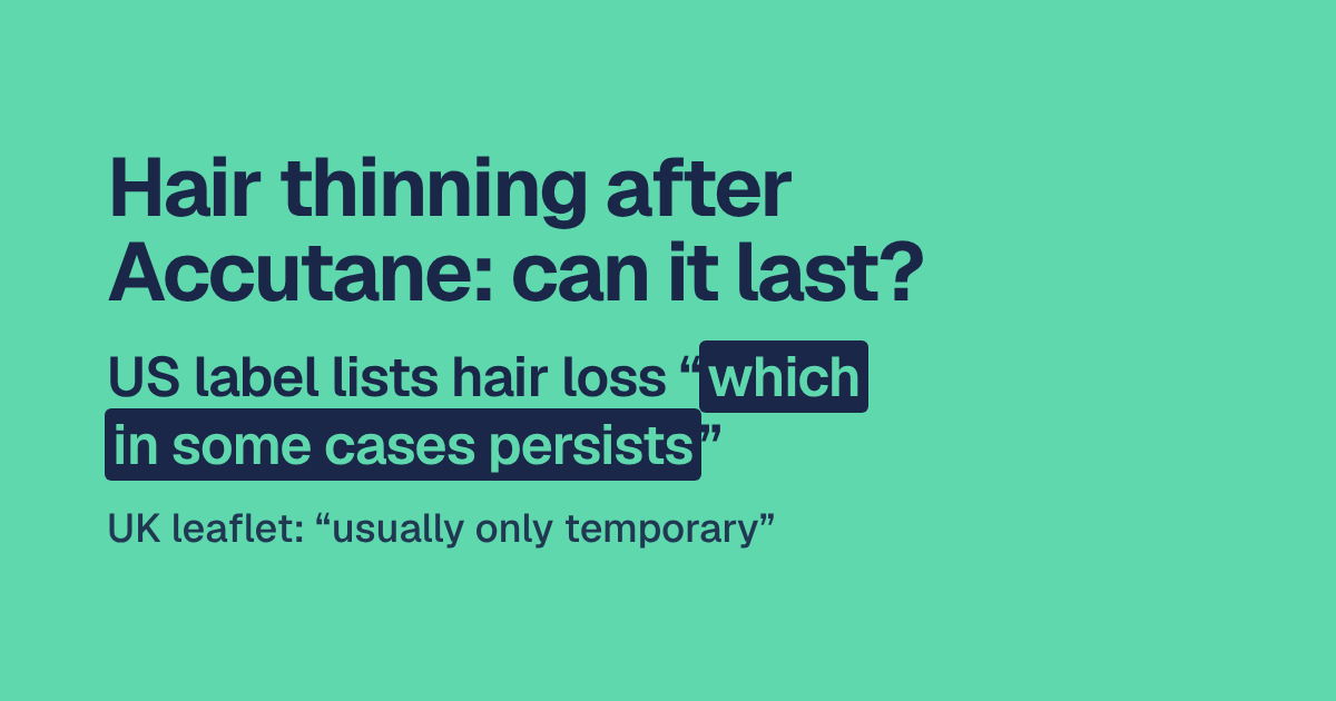 Headline: Hair thinning after Accutane: can it last? Below it, the US label lists hair loss “which in some cases persists”. Last, the UK leaflet says “usually only temporary”.