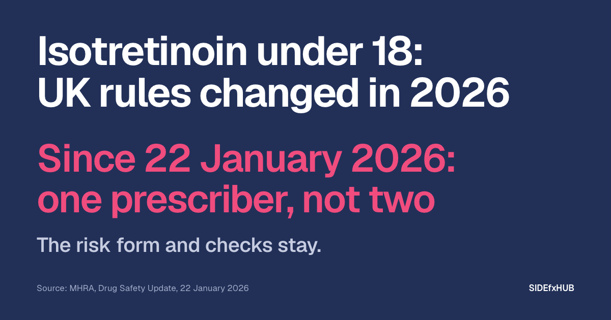 Headline: Isotretinoin under 18: UK rules changed in 2026. Below, in large pink type: Since 22 January 2026: one prescriber, not two. Then the line: The risk form and checks stay.