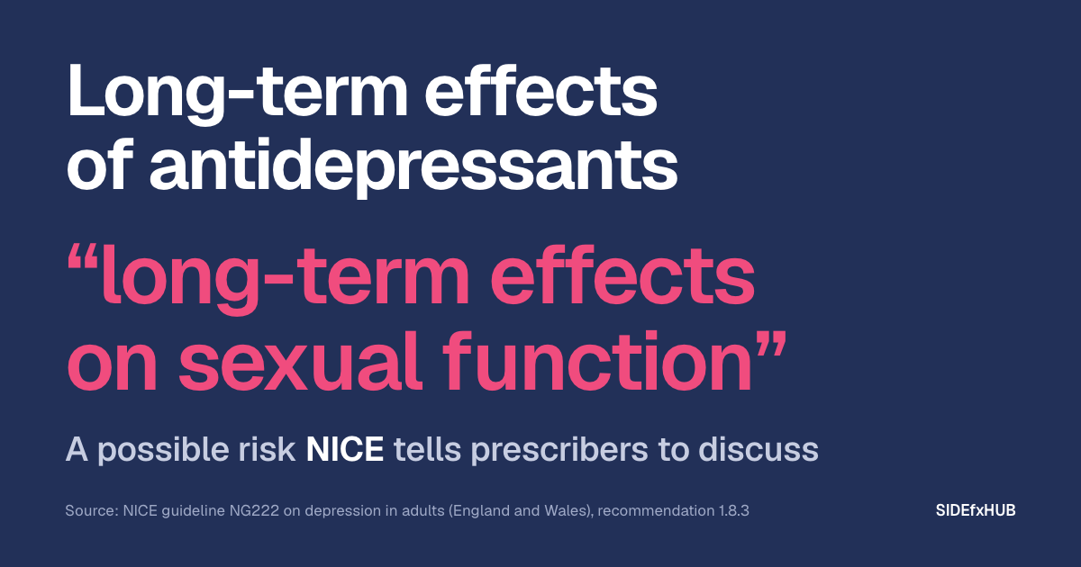 Headline: Long-term effects of antidepressants. Below, in large pink type, NICE’s words, “long-term effects on sexual function”, and the line: A possible risk NICE tells prescribers to discuss.