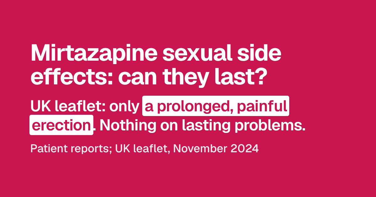 Headline: Mirtazapine sexual side effects: can they last? Below, the overview: the UK leaflet lists only a prolonged, painful erection and nothing on lasting problems. Source: patient reports; UK leaflet, November 2024.