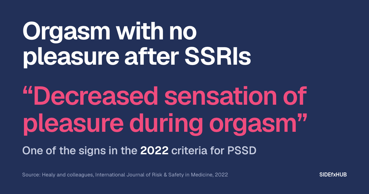 Headline: Orgasm with no pleasure after SSRIs. Below, a quote in large pink type, “Decreased sensation of pleasure during orgasm”, and the line: One of the signs in the 2022 criteria for PSSD.