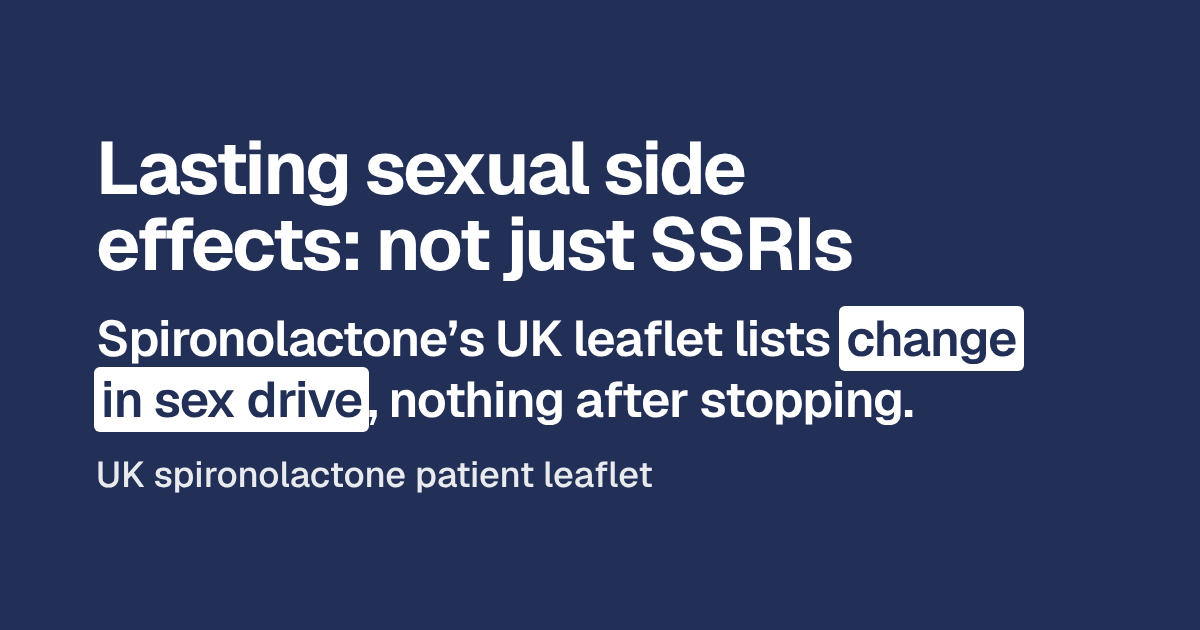 Poster: “Lasting sexual side effects: not just SSRIs”. The UK spironolactone leaflet lists a change in sex drive, and says nothing about after stopping.
