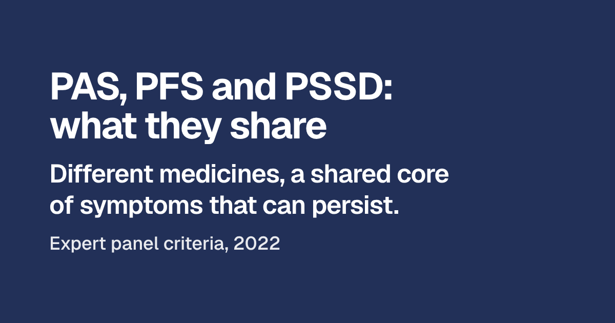Headline: PAS, PFS and PSSD: what they share. Below: different medicines, a shared core of symptoms that can persist. Source line: expert panel criteria, 2022.