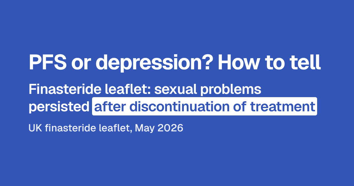Poster headline: PFS or depression? How to tell. Below it, the UK finasteride leaflet lists sexual problems that persisted after discontinuation of treatment. Source: UK finasteride leaflet, May 2026.