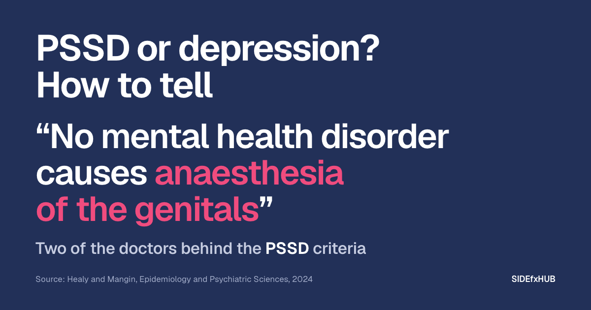 Headline: PSSD or depression? How to tell. Below, in large type with the last words in pink, “No mental health disorder causes anaesthesia of the genitals”, and the line: Two of the doctors behind the PSSD criteria.