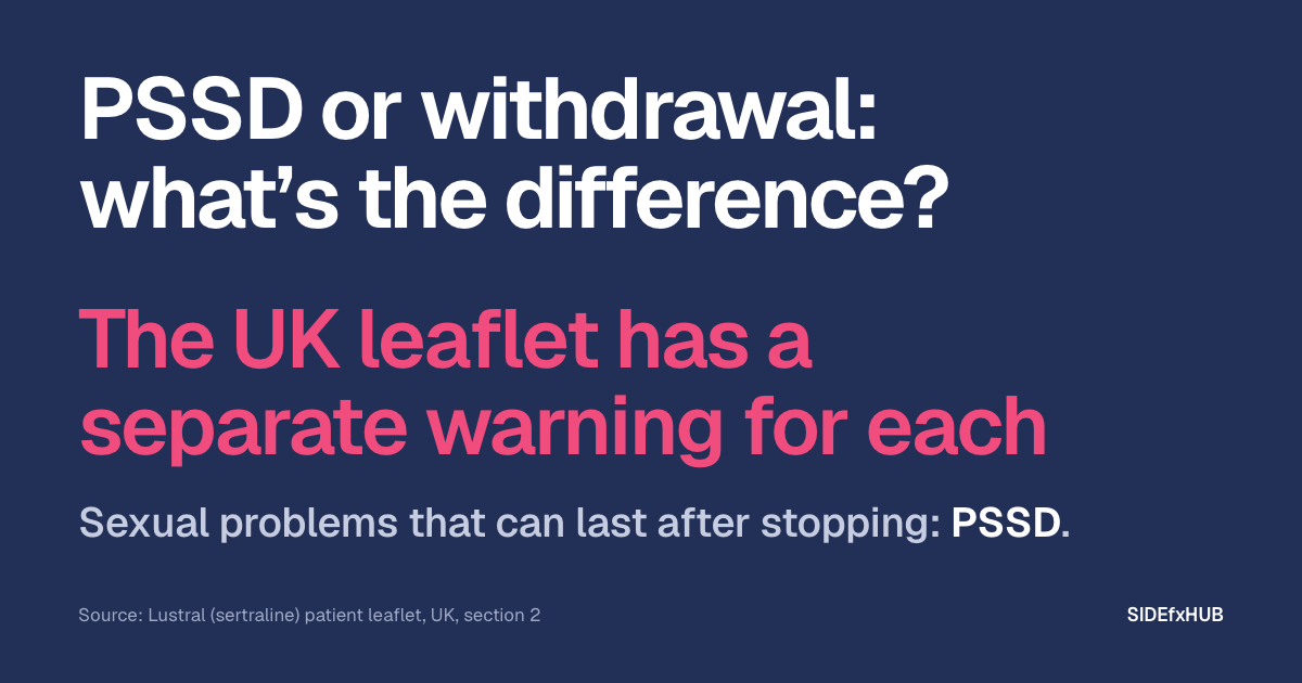 Headline: PSSD or withdrawal: what’s the difference? Below, in large pink type: The UK leaflet has a separate warning for each. Then the line: Sexual problems that can last after stopping: PSSD.