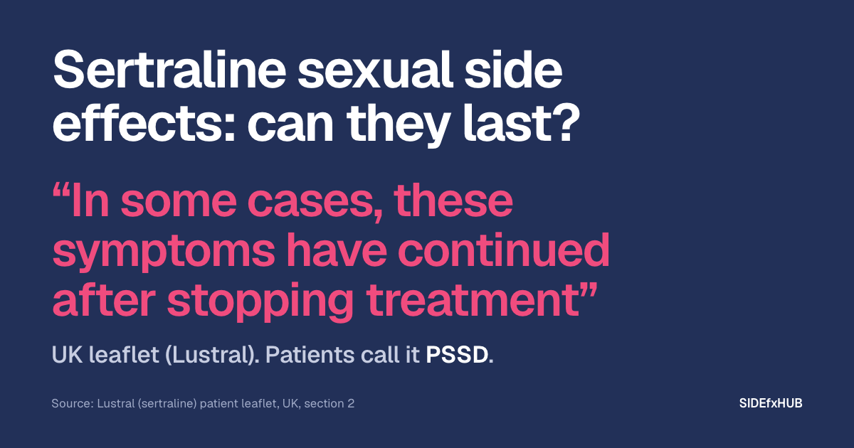 Headline: Sertraline sexual side effects: can they last? Below, the UK Lustral leaflet’s answer in large pink type, “In some cases, these symptoms have continued after stopping treatment”, and the line: Patients call it PSSD.