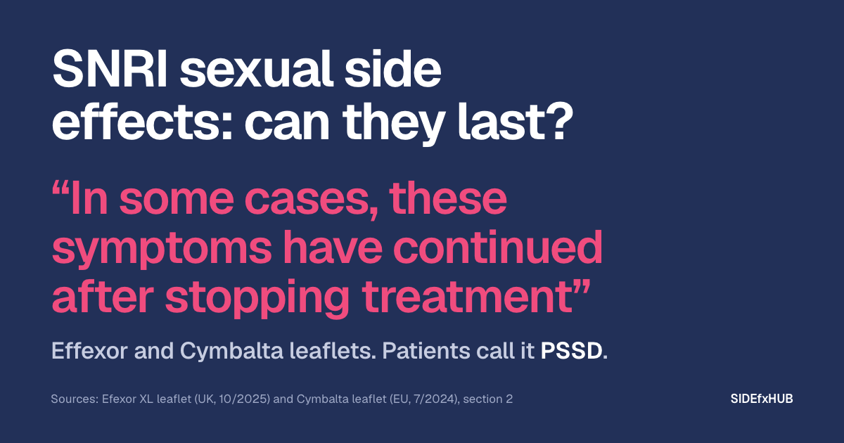 Headline: SNRI sexual side effects: can they last? Below, the leaflets’ answer in large pink type, “In some cases, these symptoms have continued after stopping treatment”, and the line: Effexor and Cymbalta leaflets. Patients call it PSSD.