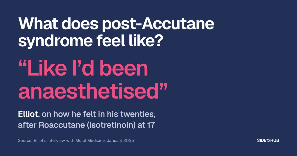 Headline: What does post-Accutane syndrome feel like? Below, in large pink type, Elliot’s words, “Like I’d been anaesthetised”, and the line: Elliot, on how he felt in his twenties, after Roaccutane (isotretinoin) at 17.