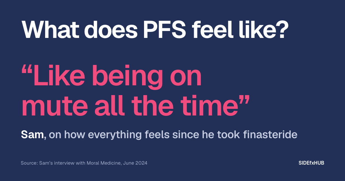 Headline: What does PFS feel like? Below, in large pink type, Sam’s words, “Like being on mute all the time”, and the line: Sam, on how everything feels since he took finasteride.