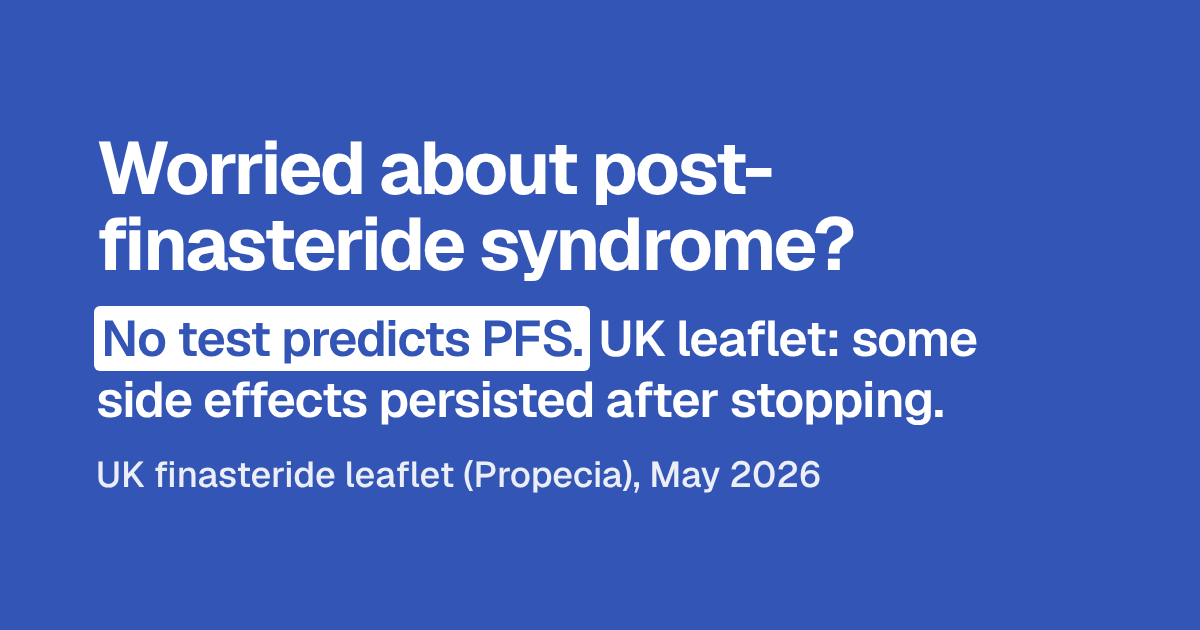 Headline: Worried about post-finasteride syndrome? Below: no test predicts PFS, and the UK leaflet says some side effects persisted after stopping. Source: UK finasteride leaflet (Propecia), May 2026.